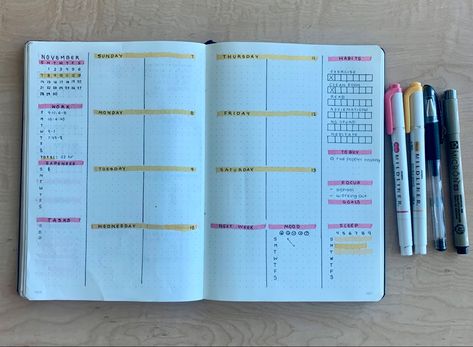 Minimalist Bujo Spreads, Bujo Weekly Spread Layout, Weekly Bujo Spread, Vision Journal Ideas, Journal Weekly Layout, Bujo Monthly Spread, Bujo Weekly Spread, Bullet Journal Ideas Templates, Planner Writing