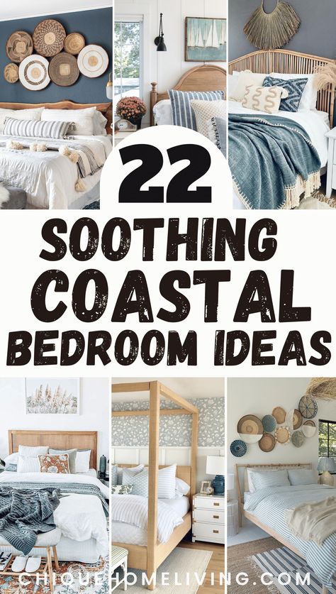 Immerse yourself in the tranquil serenity of coastal living with our '22 Dreamy Coastal Bedroom Decor Ideas' blog. Discover how to infuse your bedroom with seaside charm and relaxation, from soothing color palettes inspired by ocean hues to breezy textures reminiscent of sandy beaches. Water Themed Bedroom Aesthetic, Beachhouse Bedrooms Aesthetic, Beachhouse Bedrooms, Ocean Bedroom Ideas For Adults, Sea Theme Bedroom, Seaside Bedroom Ideas, Sea Theme Bedrooms, California Coastal Bedroom, Ocean Bedroom Ideas