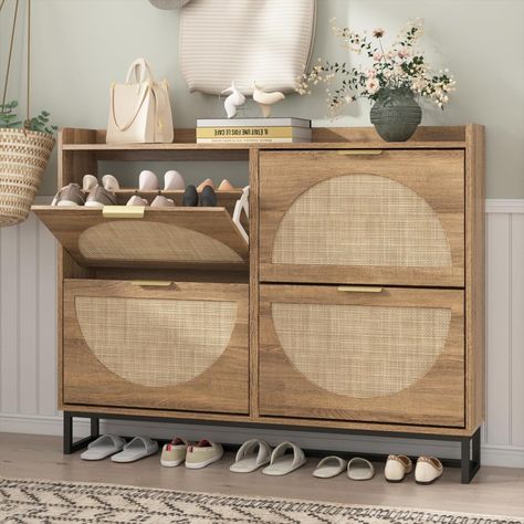 Omg this is the storage solution I need for my entry! This one is slim/narrow with four flip down shoe shelves. Cleans up your entry way plus, its super pretty! #rattan #storage #shoerack #shoeshelf #shoes #shoecabinet #shelves #islanddecor #beachhouse #storagesolutions #decorrefresh #designinspo #welcomehome Home Entryway Ideas Shoe Storage, Neat Storage Ideas, Shoes Storage Cabinet, Entryway Decor With Shoe Storage, Home Entryway Design, Bench With Hidden Shoe Storage, Small Space Shoe Storage Ideas, Small Foyer Ideas Entryway Entrance Shoe Storage, Entry Table Shoe Storage