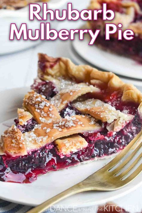 Slice of rhubarb mulberry pie on a white plate with a gold fork. Mulberry Pie Filling Recipe, Mulberry Dessert Recipes, Mulberry Pie Recipe Easy, Mulberry Pie Recipe, Mulberry Pie Filling, Blueberry Rhubarb Pie, Recipes Rhubarb, Lattice Crust, Mulberry Recipes