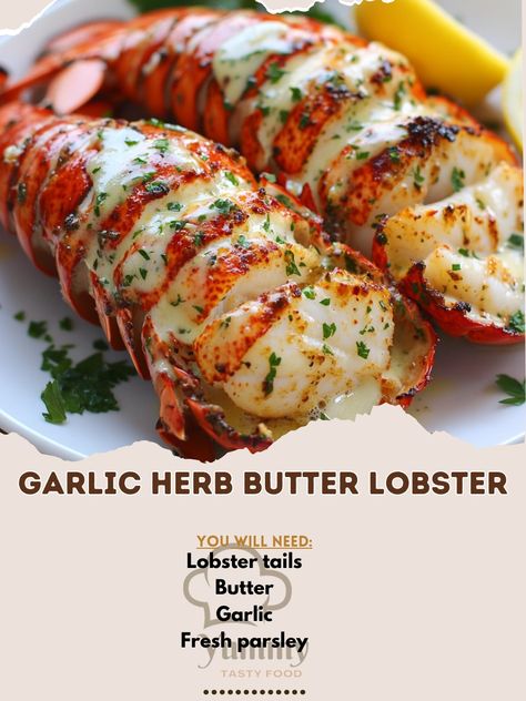 🦞🌿 Treat yourself to our luxurious Garlic Herb Butter Lobster! A decadent dish perfect for special occasions! 🍋🦞 #SeafoodDelight Garlic Herb Butter Lobster Ingredients: Lobster tails (2) Butter (1/4 cup) Garlic, minced (3 cloves) Fresh parsley, chopped (2 tbsp) Lemon juice (1 tbsp) Salt and pepper to taste Instructions: Preheat oven and split lobster tails lengthwise. Melt butter and mix with garlic, parsley, lemon juice, salt, and pepper. Brush mixture over lobster meat and bake until co... Garlic Butter Lobster And Scallops, Lobster Tail Recipe Oven, Lobster Bake Party, Easy Lobster Tail Recipe, Garlic Butter Lobster, Lobster Tail Recipe, Butter Lobster, Lobster Dishes, Lobster Recipes Tail