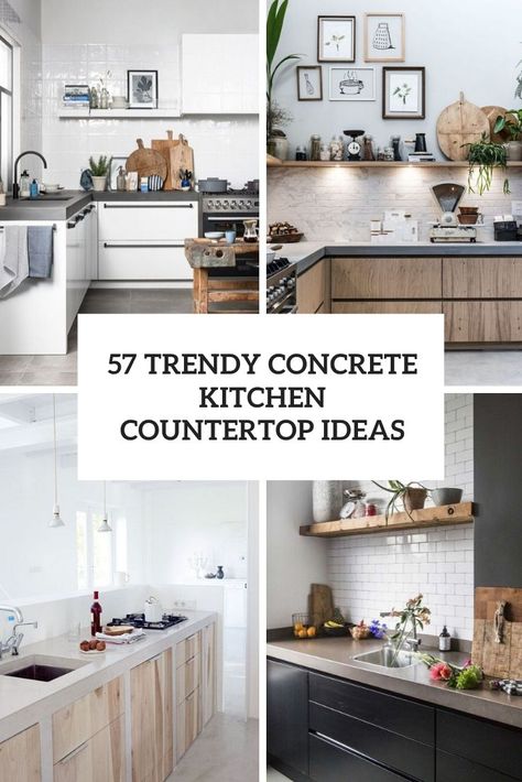 trendy concrete kitchen countertop ideas cover Kitchen Countertops Ideas Concrete, Cement Wood Kitchen, Kitchen Remodel Concrete Countertops, Concrete Countertop Ideas Kitchen Counters, Modern Kitchen Concrete Countertops, Concrete Countertops Oak Cabinets, Cement Counter Top Kitchen, Concrete Countertop Kitchens, Concrete Looking Countertops