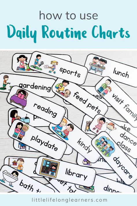 Daily Routine Charts for Kids by Little Lifelong Learners. Visual schedules and daily routine cards give kids cues about what to expect from their day and encourage independence and confidence in toddlers and preschoolers. We're sharing how and why we use a daily routine chart at home to illustrate our morning routine and daily activities, such as getting dressed, packing our bag, and brushing our teeth! Read the blog post to learn more and get our printable daily routine cards for kids! Daily Routine Chart For Kids At Home, Kids Time Table Daily Schedules, Visual Routine Chart For Kids, Daily Routine Illustration, Daily Chores For Kids, Visual Morning Routine, Routine Charts For Kids, Visual Schedule Preschool, Daily Routine Cards