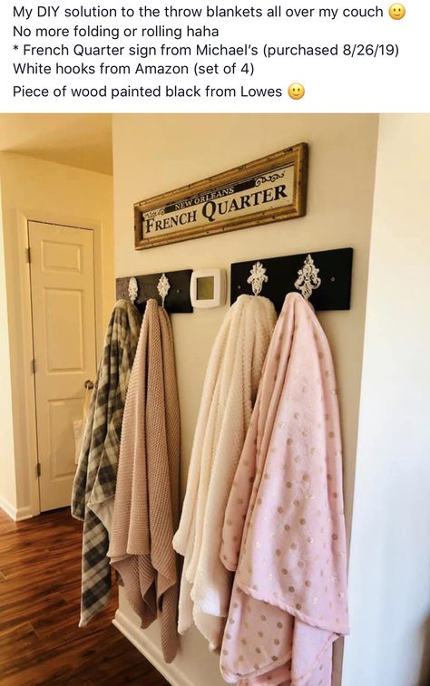 Too many throw blankets? Hang them! Hanging Throw Blankets On Wall, Hanging Blankets On Wall Hooks, Blanket Rack On Wall, Blanket Hanger On Wall, Blanket Hooks On Wall, Hanging Blankets On Wall, Diy Throw Blankets, Blanket Hanger, Blanket Holder