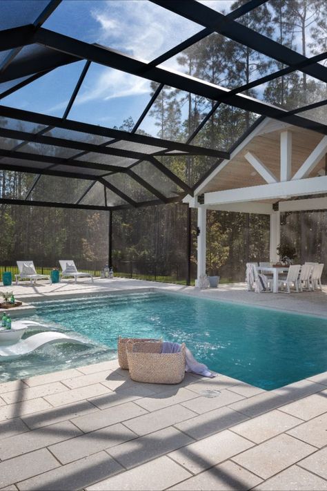 Screened In Yard, Backyard With Screened In Porch And Pool, Pool Lani Ideas, Screened In Pool With Outdoor Kitchen, Florida Patio Ideas Screened Pool, Screened Pool Enclosure, Screened In Pool Decorating Ideas, Covered Pool Ideas, Screened In Pool Ideas