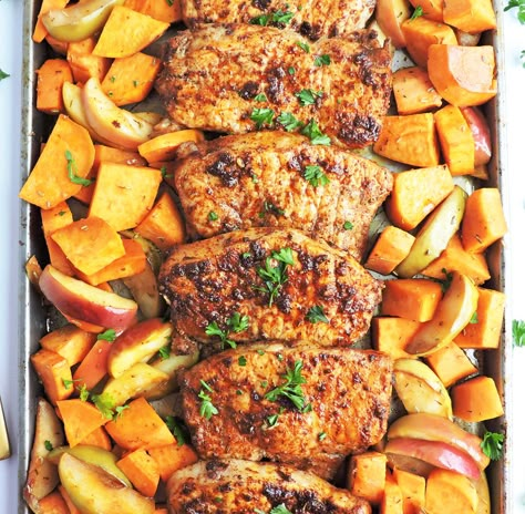 Pork Chops With Sweet Potatoes, Sheet Pan Pork Chops, Pork With Apples, Honey Glazed Pork Chops, Sheet Pan Pork, Honey Pork Chops, Pan Pork Chops, Honey Pork, Apple Pork Chops