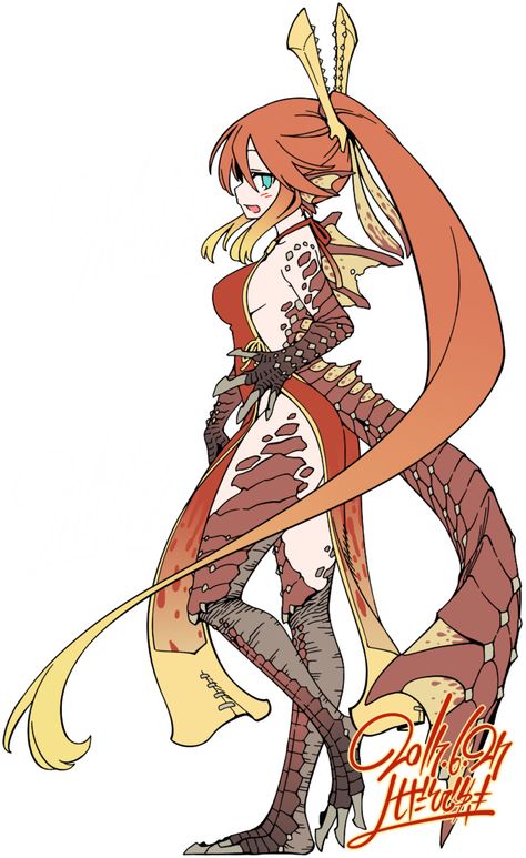 Male Monster Hunter Oc, Monster Hunter Monster Girl, Monster Hunter Gijinka, Dragon Girl Art, Shapeshifter Character Design, Dragon Shapeshifter, Monster Girl Art, Dragon Hunter, Gijinka Pokemon