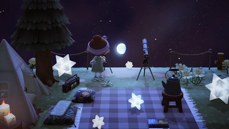 Observatory Animal Crossing, Star Gazing Area Acnh, Star Gazing Animal Crossing, Acnh Stargazing Area Ideas, Star Gazing Area Animal Crossing, Acnh Telescope Area, Acnh Star Gazing Area Ideas, Acnh Concert Area, Animal Crossing Star Gazing Area