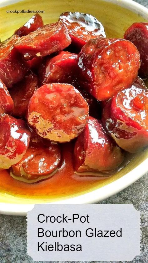 Crock-Pot Bourbon Glazed Kielbasa - Wow your party guests with this recipe for Slow Cooker Bourbon Glazed Kielbasa recipe! SO YUMMY and easy to make! | CrockPotLadies.com Recipes With Grape Jelly, Kielbasa Appetizer, Kielbasa Bites, Kielbasa Recipe, South Your Mouth, Apricot Preserves, Crockpot Appetizers, Kielbasa Recipes, Kielbasa Sausage