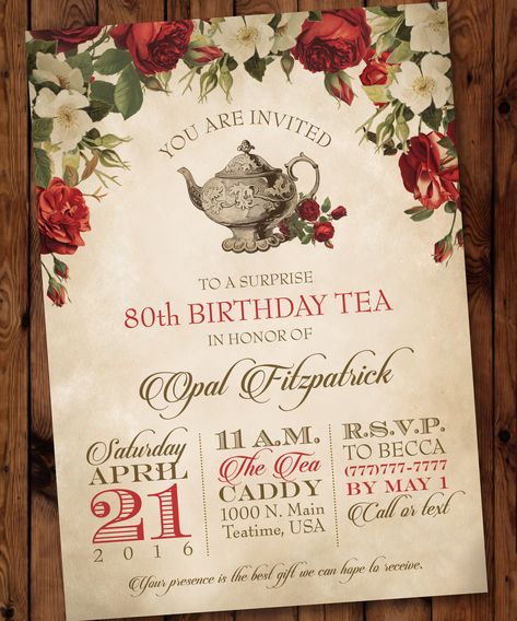 Vintage Birthday Invitations, Vintage Birthday Parties, 80th Birthday Invitations, Invitation Card Birthday, Woman Birthday, Tea Party Invitations, Vintage Birthday Cards, Adult Birthday Invitations, 80th Birthday Party