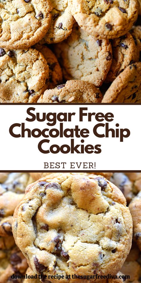 Sugar Free Chocolate Chip Cookies Recipe, Sugar Free Cookie Recipes, Sugar Free Chocolate Chip Cookies, Sugar Free Desserts Easy, Sugar Free Snacks, Low Sugar Desserts, Sugar Free Baking, Sugar Free Recipes Desserts, Desserts Keto