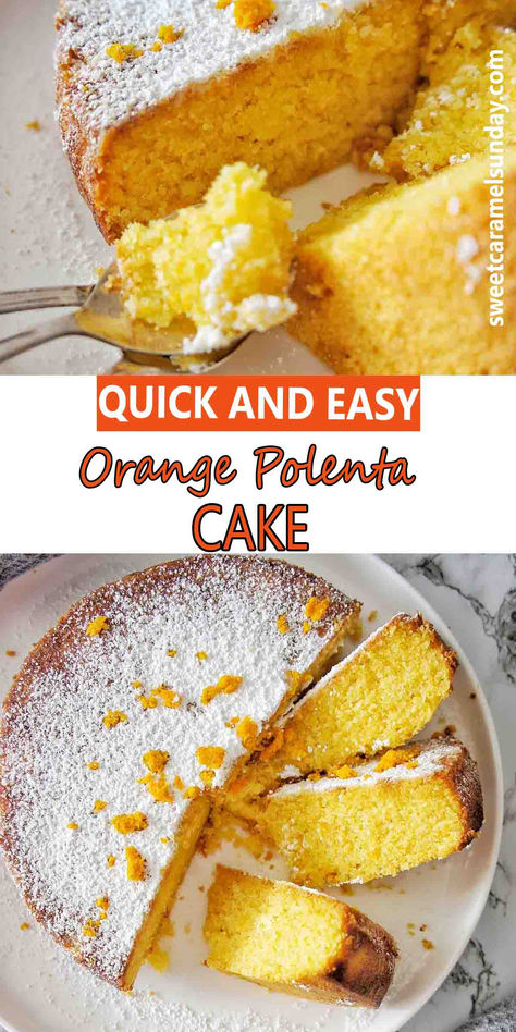 Polenta cake dusted with icing sugar cut into slices on white plate with spoon. There is text written between 2 images. Baumkuchen Recipe, Cornmeal Pudding, Orange Polenta Cake, Lemon Polenta, Lemon Polenta Cake, Cornmeal Recipes, Baked Polenta, Polenta Cake, Citrus Cake