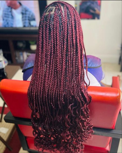 Red Curly Braids Black Women, Red Box Braids With Curls At The End, Colored Braids With Curly Ends, Medium Red Box Braids, Red Black Box Braids, Burgundy Knotless Braids With Curls, Deep Red Knotless Braids, Deep Red Box Braids, Red Medium Boho Knotless Braids