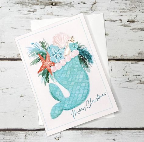 Mermaid Christmas Card, Holiday Watercolor Cards, Beachy Christmas Cards, Beach Christmas Cards, Beach Holiday Card, Beach Christmas Card, Beachy Christmas, Mermaid Core, Santa Cards