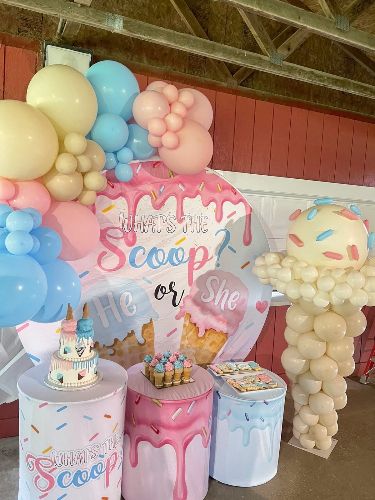 We created this giant ice cream cone made out of balloons and the balloon garland attached to the backdrop! Turned out adorable and was the perfect addition to this gender reveal party. Pop the ice cream cone to reveal the gender! Contact us for event design, balloons, and more! Ice Cream Gender Reveal Centerpieces, Gender Reveal Ideas Ice Cream Theme, I’ve Cream Gender Reveal, Candy Themed Gender Reveal, What’s The Scoop Gender Reveal Party Favors, What’s The Scoop Gender Reveal Party, Ice Cream Themed Gender Reveal Party, Gender Reveal Ideas Ice Cream, Gender Reveal Ice Cream Theme