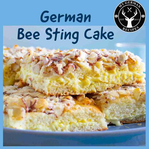 Bee Sting Cake - Bienenstich ⋆ My German Recipes Bee Sting Cake Recipe, German Bee Sting Cake, Bienenstich Recipe, Most Delicious Cake, Bee Sting Cake, Vanilla Cream Filling, German Recipes, Bee Sting, Almond Cream