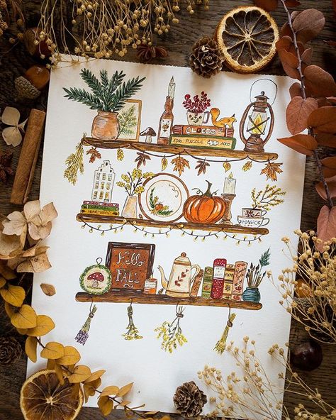 Mon etagere d'automne #fallwatercolor #aquarelle #vintage #autumn #fallart #autumnillustration #fallvibes Bullet Journal Christmas, Autumn Fairy, Bullet Journal Themes, Journal Themes, Watercolor Art Lessons, Autumn Decor, Folk Art Painting, Autumn Art, Bullet Journal Ideas Pages