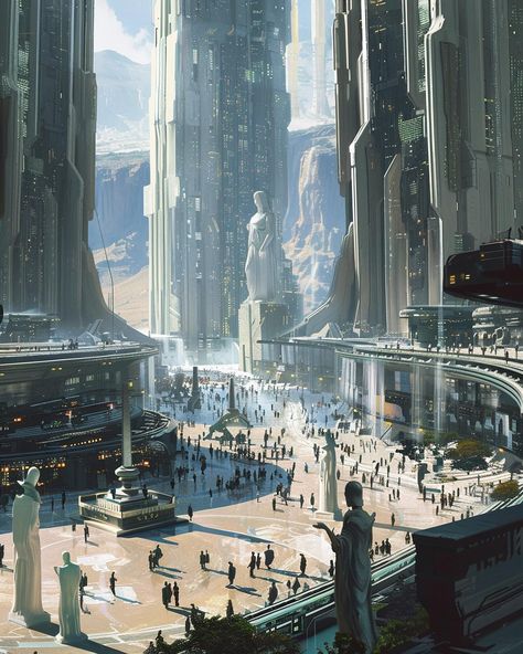 The promenade. A futuristic shopping district with elements from Ancient Greece . #futuristicarchitecture #futurecity #futurecities #futureworld #future #scifiarchitecture #scifiartwork #spacecity #spacearchitecture #scififantasy #scifiworld #scificity #scifi #architecture #urbandesign #midjourney #ai Scifi Architecture, Futuristic Concept Art, Apocalypse Landscape, Scifi Artwork, Future Earth, Sci Fi Architecture, Ancient Drawings, Shopping District, Sci Fi City