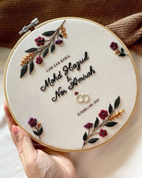 lune and her | Handcrafted Embroidery (@luneandher) • Instagram photos and videos Embroidery Wedding Favors, Mas Kahwin Embroidery, Just Married Embroidery, Picture Embroidery Ideas, Embroidery Anniversary Gift Ideas, Embroidery Business Ideas, Little Embroidery Ideas, Embroidery Initials Letters, Embroidery Wedding Gifts