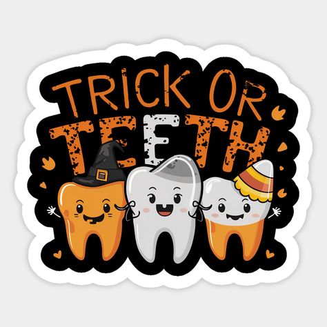 Trick Or Teeth Dental Assistant Dentist Halloween gift For Men women -- Choose from our vast selection of stickers to match with your favorite design to make the perfect customized sticker/decal. Perfect to put on water bottles, laptops, hard hats, and car windows. Everything from favorite TV show stickers to funny stickers. For men, women, boys, and girls. Dental Assistant Graduation Party Ideas, Dental Stickers Design, Dental Halloween Ideas, Dental Tshirt, Dentist Stickers, Dental Stickers, Dental Halloween, Dentist Halloween, Halloween Teeth