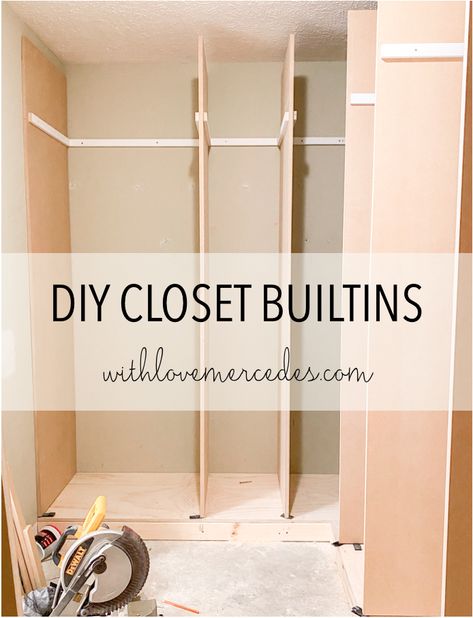 Diy Custom Reach In Closet, Diy Wardrobe With Drawers, Closet Construction Ideas, How To Make A Wardrobe Closet, Diy Closet System With Doors, Diy Melamine Closet, Easy Closet Built Ins, Diy Storage For Bedroom, Diy Corner Closet Shelves