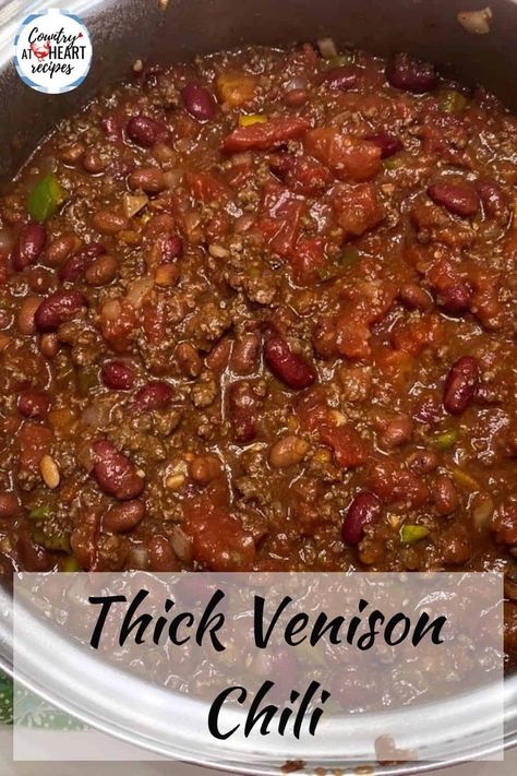 For the first 15 years of our marriage, our family practically lived on venison that my husband hunted, both deer and elk. After much trial and error, I learned the best recipes for using the roasts, steaks, and burger. This Thick Venison Chili recipe is one that uses ground venison burger. #thickvenisonchili #chili #venison #wildgame #deermeat #elkmeat #soup #heartymeal #beans #countryatheartrecipes https://countryatheartrecipes.com/2021/01/thick-venison-chili/ Deer Chilli Recipe, Ground Deer Recipes, Chili Country, Deer Chili Recipe, Venison Recipes Crockpot, Venison Meals, Deer Steak Recipes, Venison Sausage Recipes, Venison Chili Recipe