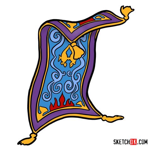 How to draw the Magic Carpet from Disney's Aladdin - Step by step drawing tutorials Aladdin Carpet Drawing, Magic Carpet Tattoo, Epcot Morocco, Aladin Disney, Carpet Drawing, Aladdin Carpet, Abu Aladdin, Aladdin Magic Carpet, Aladdin Characters