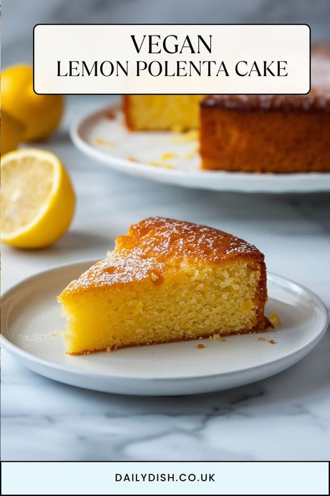 vegan lemon polenta cake Vegan Polenta Cake, Vegan Polenta, Lemon Polenta, Lemon Polenta Cake, Vegan Lemon Cake, Polenta Cake, Citrus Desserts, Dairy Free Baking, Polenta Cakes