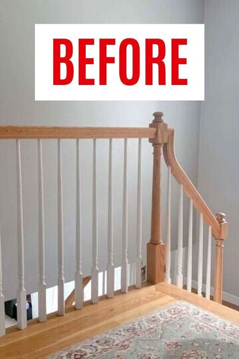 Updating 90s Staircase, Remodel Staircase Railings, Paint Oak Staircase, Painting Oak Stair Railing, 90s Staircase Makeover, Oak Staircase Ideas, Split Level Railing Ideas, 1960s Staircase, Split Level Staircase Ideas