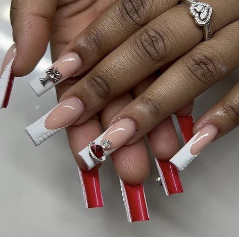 Nails Acrylic Red Bottoms, Winter Nails Acrylic Short, Nails Acrylic Short Square, Nails Acrylic Red, Red Bottom Nails, Sweet 16 Nails, Prom Nails Red, Red And White Nails, Nails Acrylic Short