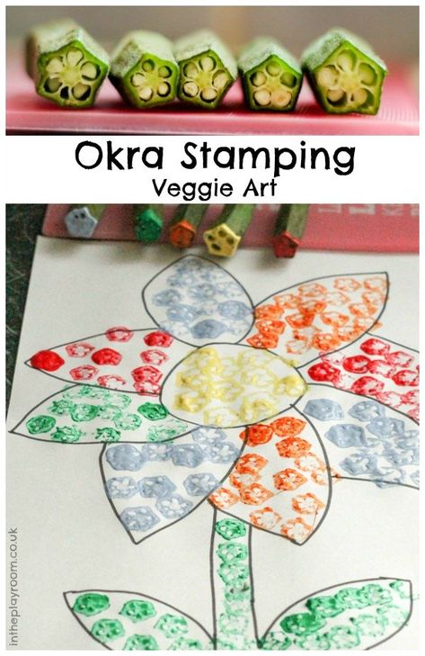 Veggie Stamping With Okra - In The Playroom Fruit Drawing For Kids, Okra Crafts, Fun Painting Ideas, Vegetable Crafts, Fruit Drawing, Veggie Art, Vegetable Painting, Fruits Drawing, Bug Crafts