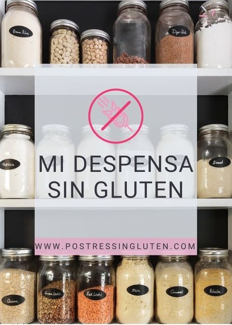 Gráfico con texto que dice: 10 esenciales de la despensa para una cocina sin gluten - Postres sin gluten Sin Gluten, Delicious Food, Gluten Free, Yummy Food, Quick Saves