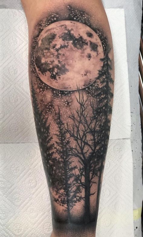 Moon And Woods Tattoo, Night Sky Tattoo Sleeve Stars, Forest Moon Tattoo, Night Sky Tattoo Sleeve, Night Sky Tattoo, Moonlight Tattoo, Night Sky Tattoos, Celestial Tattoos, Natur Tattoo Arm