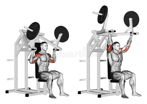 Photo about Pull hammer on deltoids. Exercising for bodybuilding. Target muscles are marked in red. Initial and final steps. Illustration of initial, final, shoulder - 59571886 Shoulder Press Machine, Pull Day Workout, Tuesday Workout, Chest Workout Routine, Gym Equipment Workout, Best Shoulder Workout, Shoulder Training, Workout Program Gym, Gym Machines