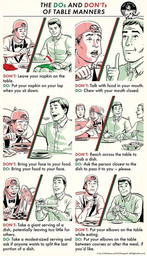 The Dos and Don'ts of Table Manners | The Art of Manliness Good Table Manners, Manners For Kids, Table Etiquette, Dining Etiquette, Table Manners, Etiquette And Manners, Sleep Eye, Art Of Manliness, Dos And Don'ts