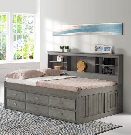 Full Size Storage Bed, Grey Storage Bed, Bed With Bookcase, Full Bed With Storage, Bookcase Wood, Daybed With Drawers, Bed Frame With Drawers, Wood Daybed, Daybed With Storage