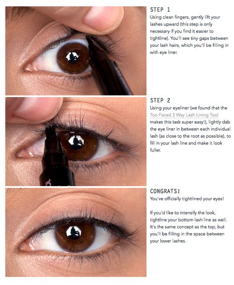 Tight-lining your eyes (also known as the "invisible eye liner") is a great way to add a subtle definition to your eyes. Instead of lining the skin above your lashes, you line between the lash line... How To Tight Line Eyeliner, Tight Lining Eyes, Tight Line Eyeliner, Lash Line Eyeliner, Tightlining Eyes, Eyeliner Shapes, Eyeliner Techniques, How To Do Eyeliner, Eyeliner Hacks