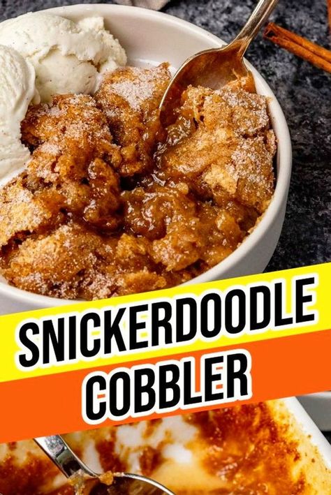 Snickerdoodle Cobbler tastes like a fresh batch of cinnamon sugar cookies baked into a gooey pie. Perfect with a scoop of vanilla ice cream! Snickerdoodle Cobbler is easy enough to make for an after-dinner treat, but delicious enough to serve for a special occasion Snickerdoodle Cobbler, Snickerdoodle Desserts, Easy Weekend Breakfast, Cinnamon Sugar Cookies, Main Food, Fruit Cobbler, Homemade Apple Pies, Cobbler Recipes, Quick Healthy Meals