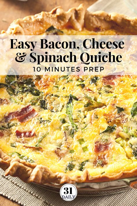 This easy quiche recipe is made with bacon, cheese, and spinach. It's a favorite Quiche Lorraine recipe perfect for brunch, afternoon tea or a light dinner, This Bacon, Cheese, and Spinach Quiche recipe is quick and easy with 10 minutes or less of prep. #quicherecipe #easyquiche #afternoontea #brunch #eggs #31Daily #quiche #lorraine Quiche Recipes Spinach Bacon, Ham Spinach Quiche, Bacon And Spinach Quiche, Breakfast Quiche Recipes Easy, Easy Quiche Recipe, Bacon Spinach Quiche, Bacon And Cheese Quiche, Spinach Quiche Recipes, Quiche Lorraine Recipe