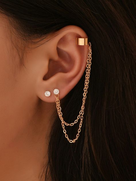 Gold Earrings With Chain, Ear Piercings With Chain, Earrings 2 Piercings, Earing With Chain, Pretty Jewellery Earrings, Earrings Aesthetic Gold, Ear Piercing Chain, Chain Earing, Chained Earrings