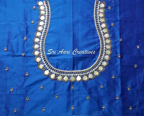 For orders contact Sri Aari Creatives - 9842995293 Free Embroidery Designs Pes, Kasu Mala, Magam Work Designs, Magam Work, Maggam Blouse, Blouse Works, Mirror Work Blouse Design, Latest Bridal Blouse Designs, Mirror Work Blouse