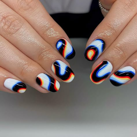 Gen Z Nails Ideas, Summer Theme Nails Designs, Funky Short Nail Art, Nail Art Crazy, Glitch Nail Art, Lsd Nails Short, Heatwave Nails, Black Colorful Nails, Pill Nails