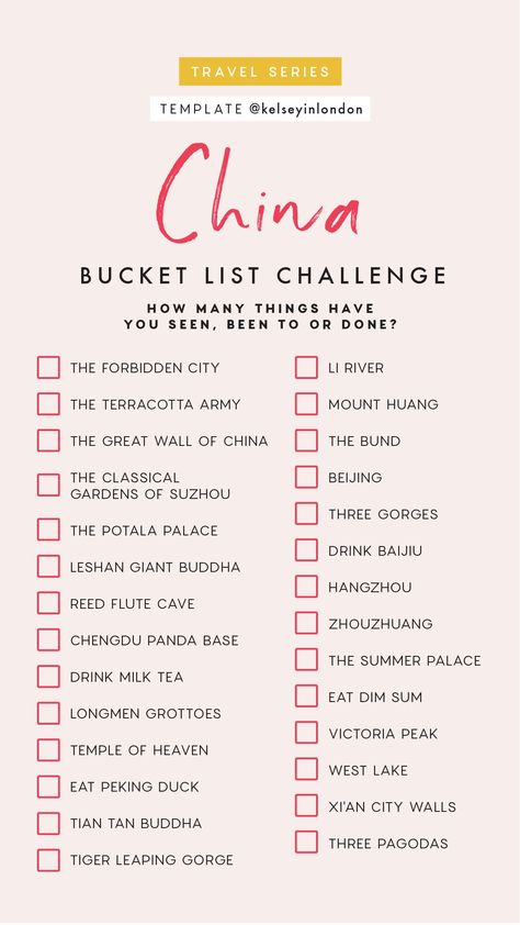 China bucket list challenge Bucket List Challenge, Travel Report, List Challenges, The Bucket List, Travel Checklist, Story Templates, Bucket List Destinations, List Ideas, China Travel