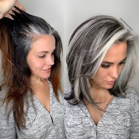 Beauty Launchpad on Instagram: “Another amazing transformation from @jackmartincolorist 🔥🔥🔥 #beautylaunchpad • Some ladies they only have heavy grey around their front…” Brown Hair Pictures, Hair Color Ideas For 2023, Silver Hair Color Ideas, Dark Grey Hair, Trendy We Fryzurach, Grey Hair Transformation, Hair Highlights And Lowlights, Silver Hair Color, Transition To Gray Hair