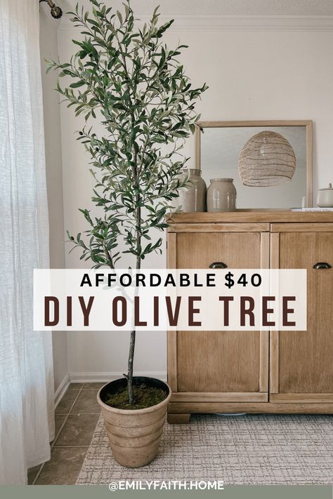 DIY FAUX tree - $40 olive tree home decor- make your own tree Diy Olive Branch Tree, Faux Tree In Nursery, Faux Olive Tree Indoor Diy, Olive Tree Indoor Bedroom, Fake Olive Tree Living Room, Artificial Olive Tree Indoor Decor, How To Make A Faux Tree, Bedroom Tree Decor, Diy Fake Tree How To Make