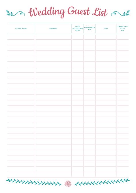 Use this printable wedding guest list template to keep track of all guest names, their address, contacts, gift received, etc. It will help you don't miss somebody special, count number of guests, thank you note sent. Sections available in this template: Guest Name Address Date invitation sent Confirmed yes/no Gift Thank you sent yes/no  #weddingchecklistpdf #weddingbindertemplates #weddingplannerbook #templates #printable Wedding Guest Checklist, Wedding Guest List Printable, Guest List Template, Free Wedding Planner Printables, Wedding Guest List Template, Wedding Planning Printables, Wedding Budget Planner, Wedding Planning Binder, Free Wedding Planner