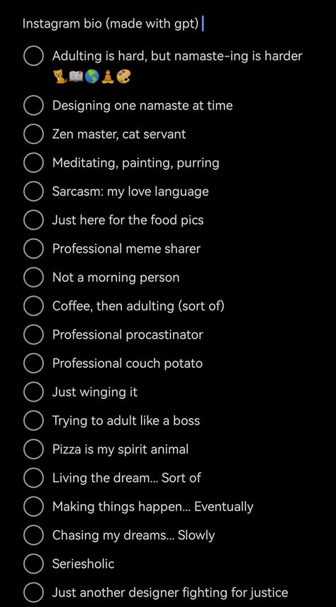Screenshot of instagram bios ideas made with gpt chat Instagram Bio For Designer, Spiritual Bio Quotes, Instagram Bio Ideas For Writer, Personal Ig Bio Ideas, Snapchat Profile Bio Ideas, Wp Bio English, Aesthetic Bio For Private Account, Dump Acc Bio Instagram, Instagram Bio Ideas Age