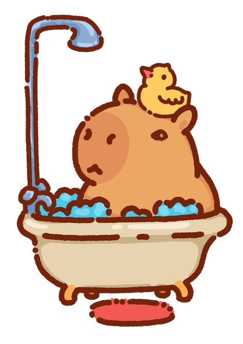 A cute capybara illustration, little capybara having a bath with a duck on his head Capybara Drawing, Capybara Illustration, Cute Designs To Draw, Cute Capybara, Wings Drawing, Drawing Wallpaper, Funny Illustration, A Duck, Kawaii Doodles