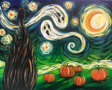 Join us for this fun twist on Van Gogh's Starry Night - Halloween Edition at Pinot's Palette studio near you! "There is magic in the night when th... Arte Van Gogh, Paint Nite, Halloween Tattoo, Starry Night Van Gogh, Halloween Painting, Halloween Snacks, Paint And Sip, Halloween Cupcakes, Autumn Art