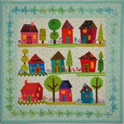 Ta Dah!: Becky’s whimsical donation quilt | Quilting | CraftGossip.com Quilted Houses, House Applique, Quilt Settings, Diy Quiet Book, Themed Quilts, Row Quilts, Mini Patchwork, House Quilt Block, House Quilt Patterns